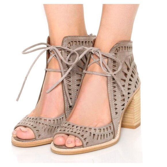 Jeffrey Campbell SIZE 8.5 Cordillo Perforated Tan Leather Tie Bootie Heels Sanda - Picture 1 of 12